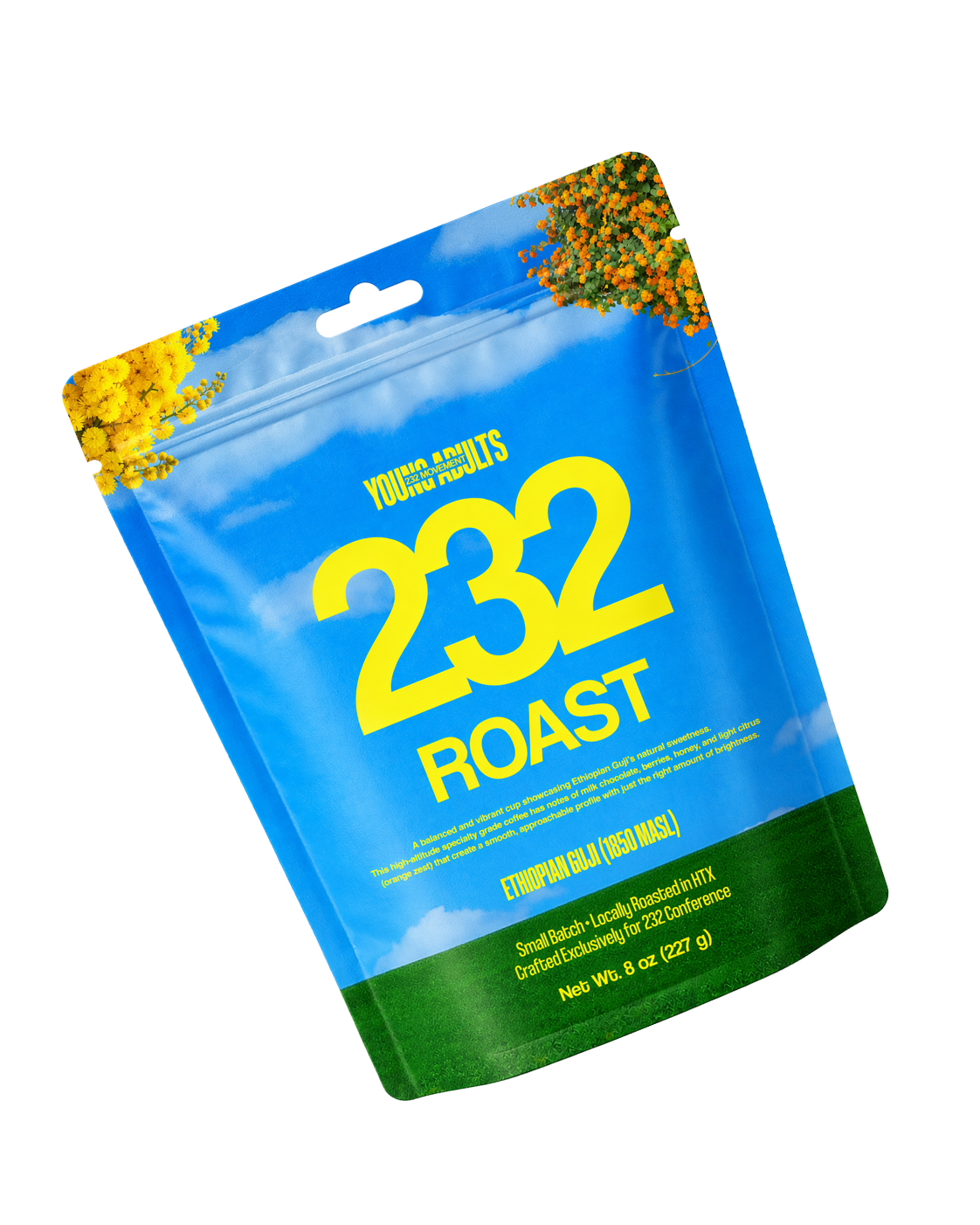 Blue packaging of coffee labeled '232 Roast' with yellow text, decorated with yellow and orange flowers, and a green bottom section.