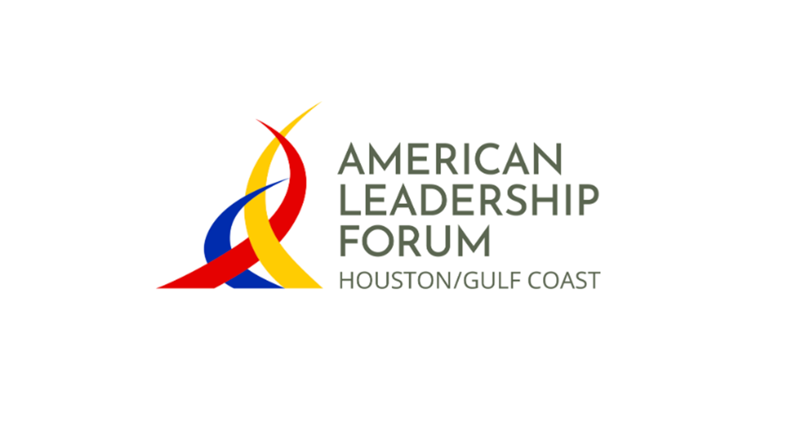 Logo of the American Leadership Forum with intertwined red, blue, and yellow ribbons and text indicating Houston/Gulf Coast region.