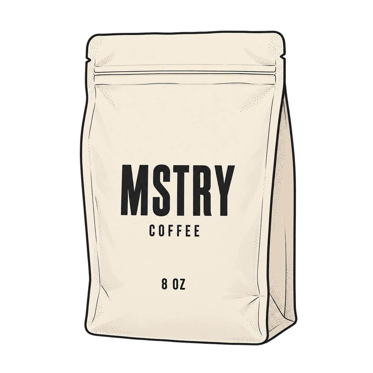 A beige resealable bag labeled 'MSTRY Coffee 8 oz' with minimalist black text and simple black outline design.