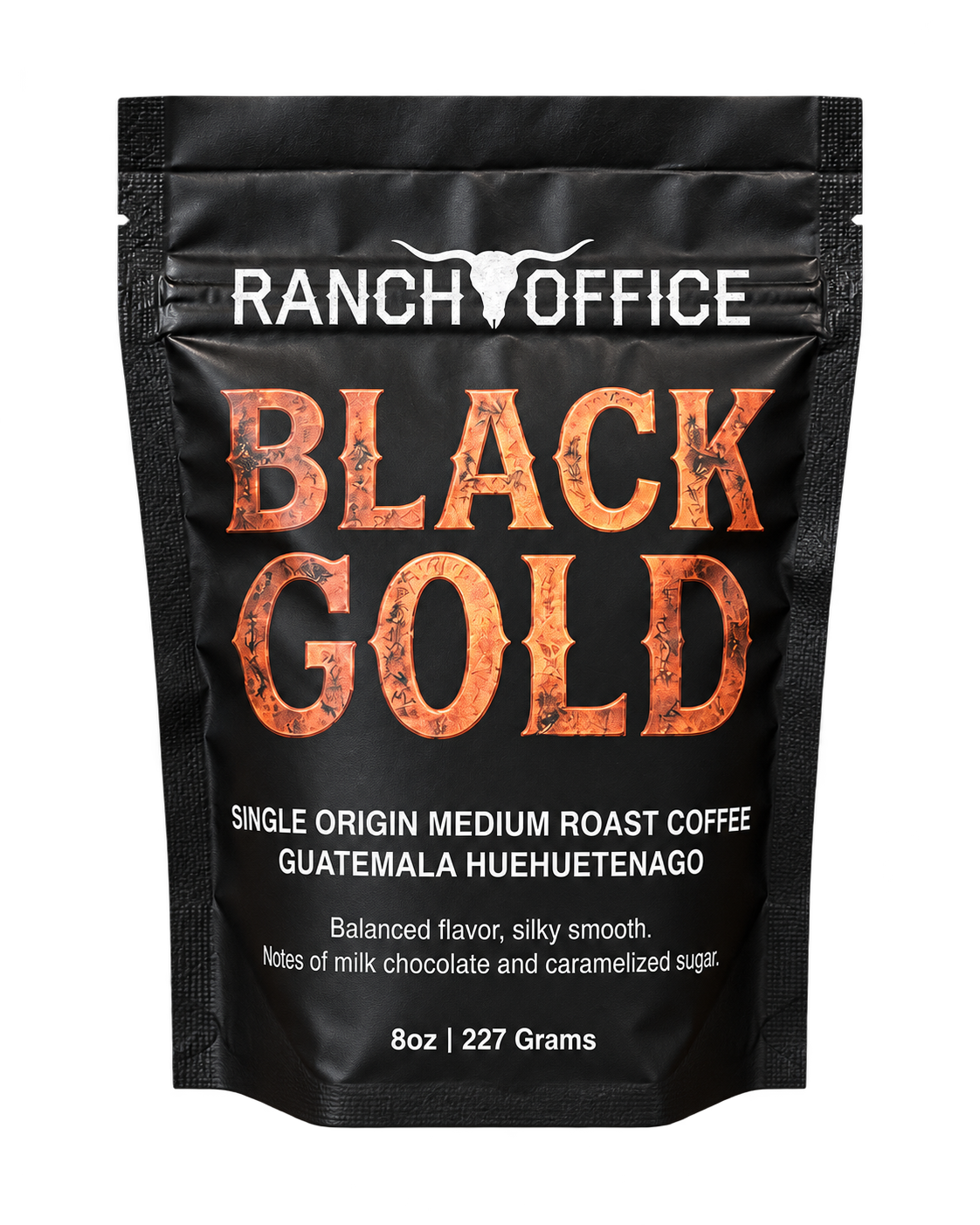 Pack of Ranch Office Black Gold single origin medium roast coffee with a bòne skull logo, notes of milk chocolate and caramelized sugar, 8 ounces or 227 grams