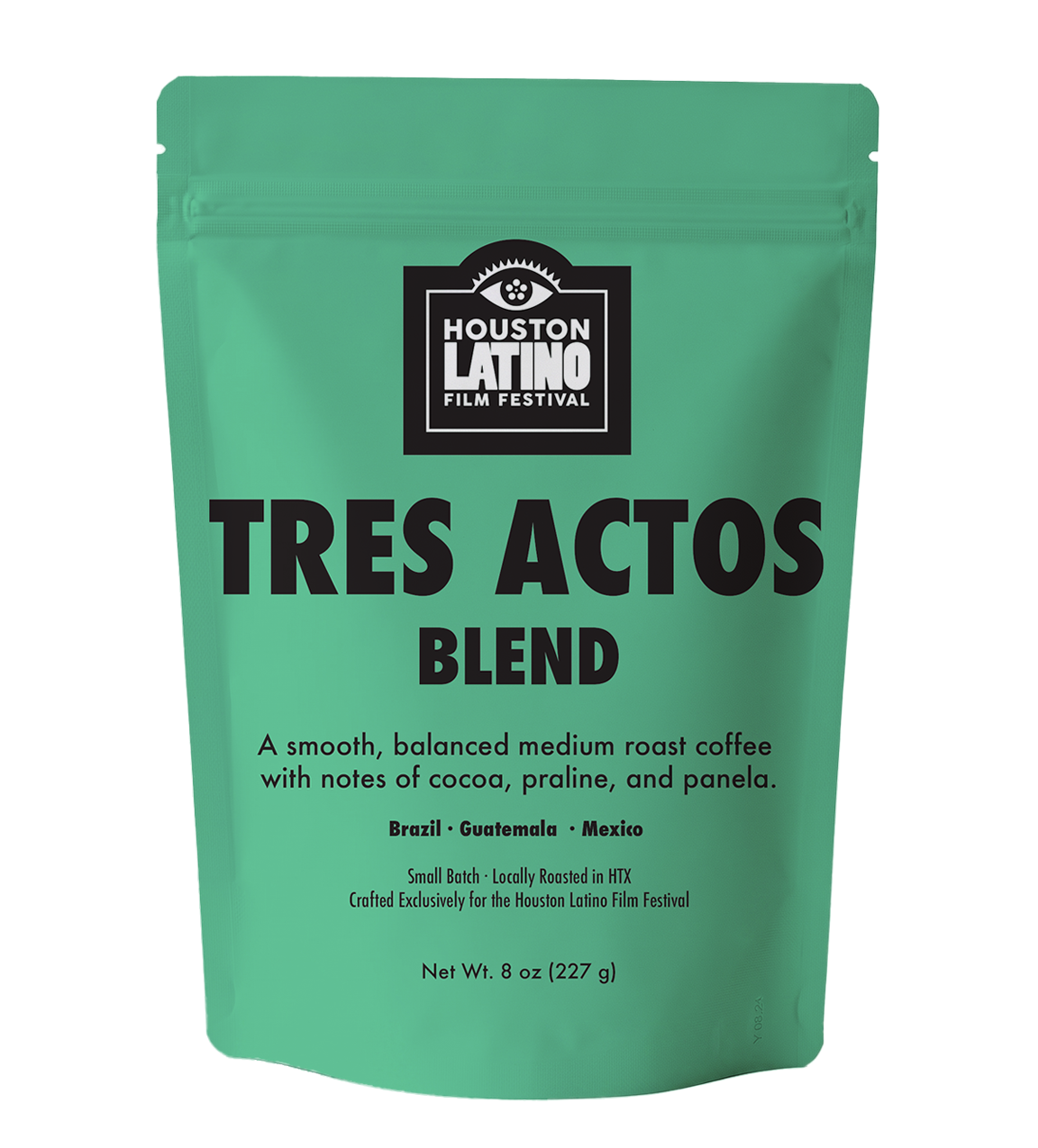 Green coffee bean bag with Houston Latino Film Festival logo and label: Tres Actos Blend, describing it as a balanced medium roast coffee with cocoa, praline, and panela notes, from Brazil, Guatemala, and Mexico, weighing 8 oz.