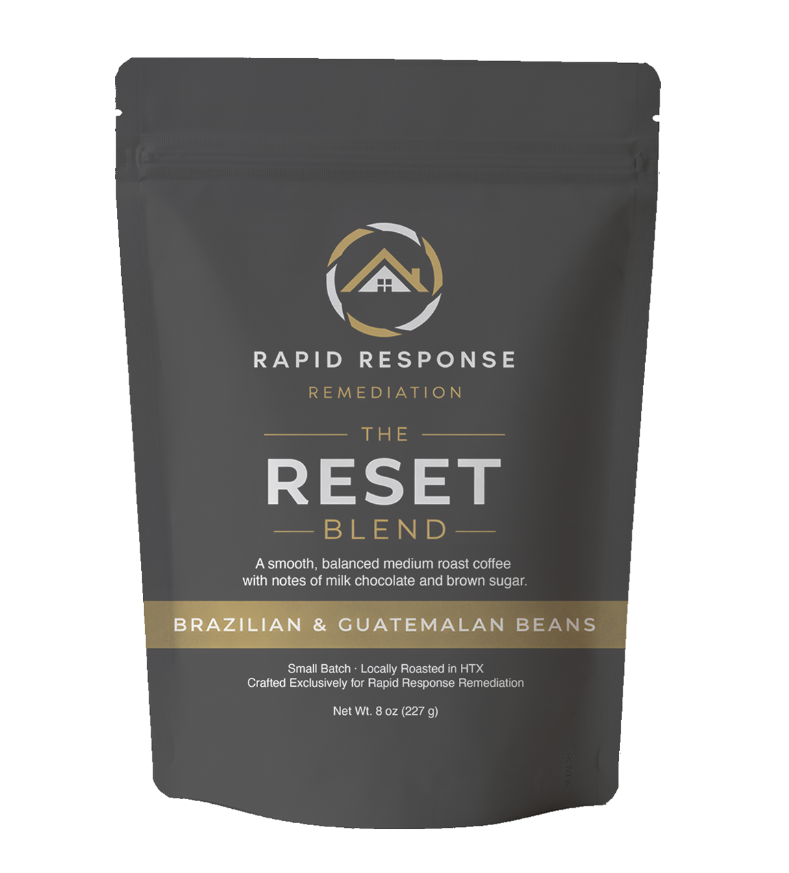 Packaging of Rapid Response Remediation The Reset Blend coffee beans, featuring a black bag with gold and white accents, labeled with a logo of a house and text indicating Brazilian and Guatemalan beans, 8 ounces.