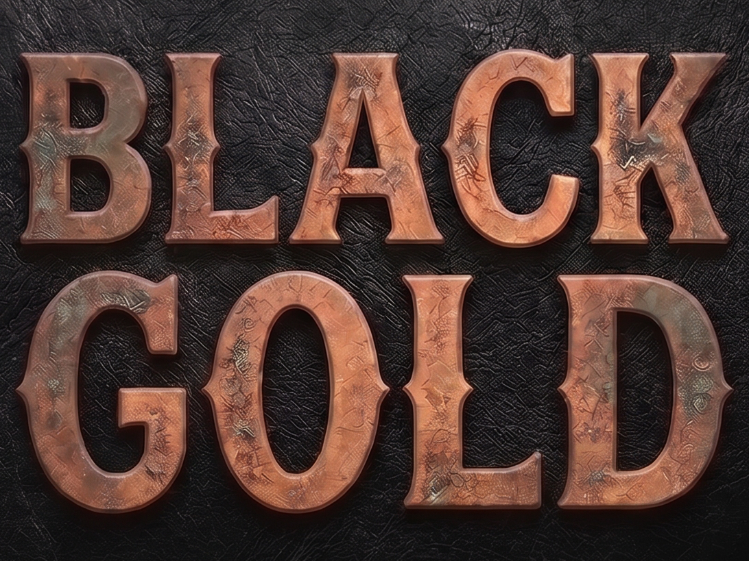 Decorative sign spelling out 'Black Gold' in large copper-colored letters with a distressed finish, mounted on a textured black background.