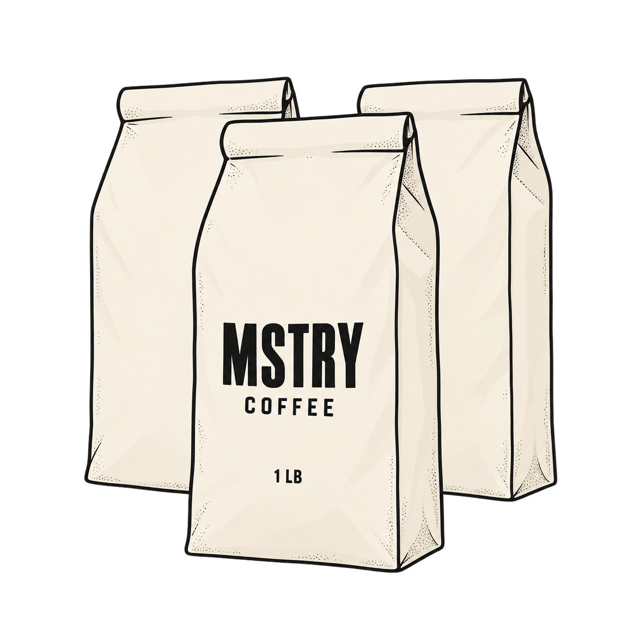 Three white coffee bags with black text reading "MSTRY Coffee, 1 LB" on a black background.