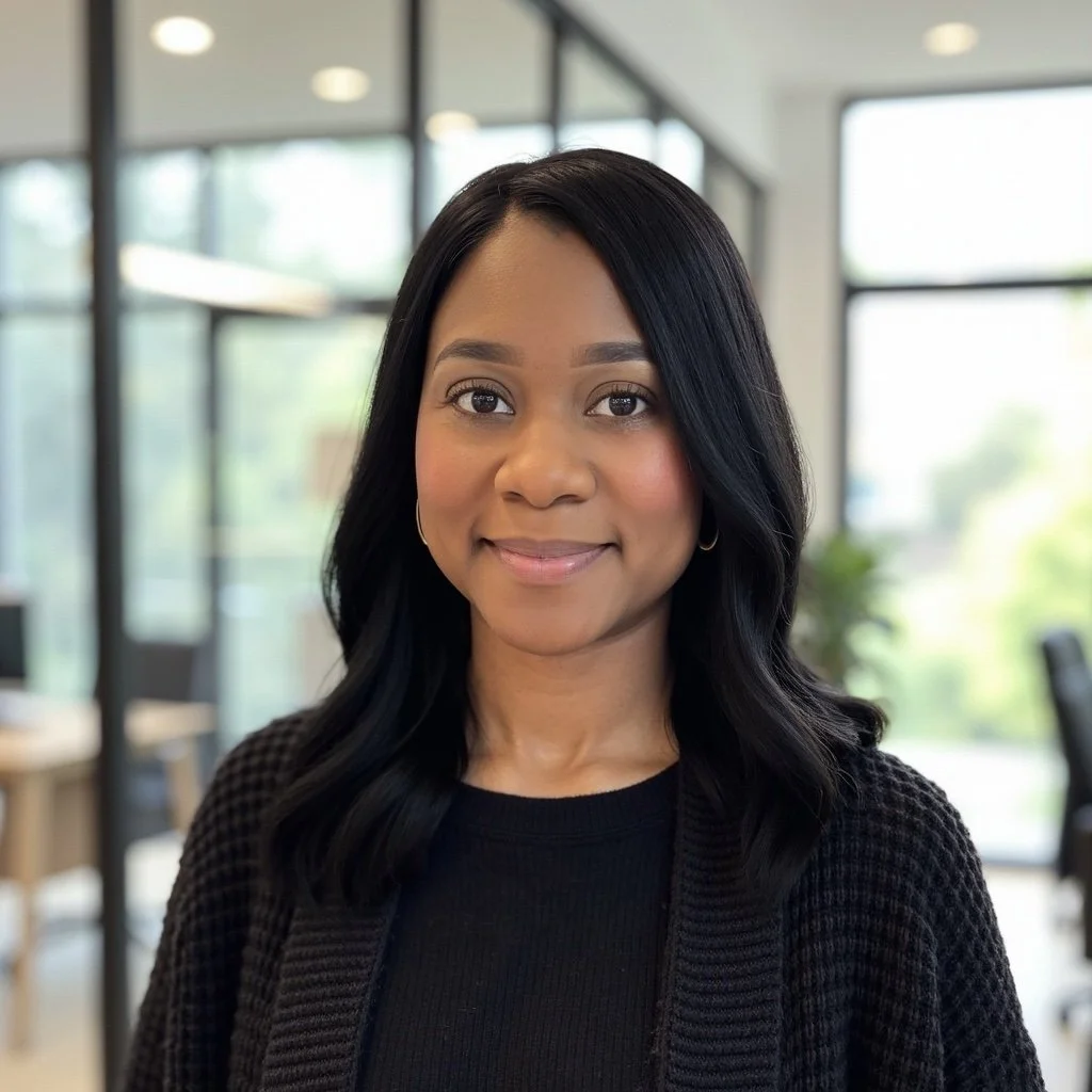 Portrait of a young woman with black hair, wearing a black sweater, standing in a modern office with large windows.