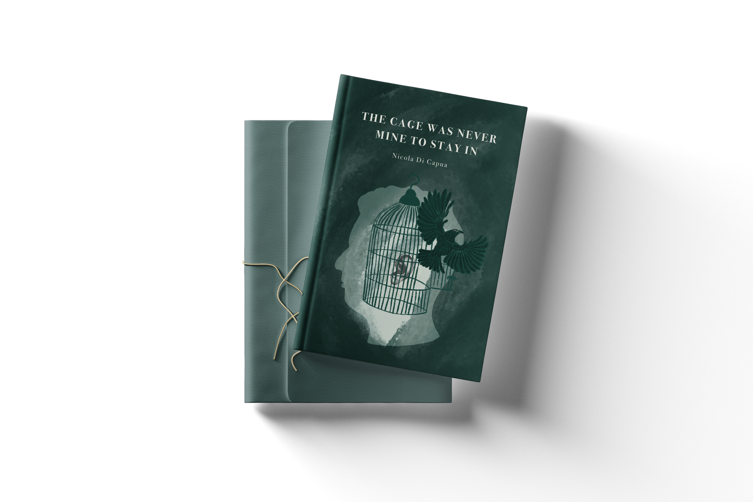 Front book titled The Cage Was Never Mine To Stay In shows the side of author’s face. Birdcage with open door and ear shape inside is centered over the author’s ear. Eagle with open wings flies out of the cage. Green watercolour background.