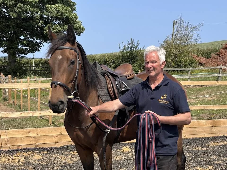 An older man with gray hair standing next to a brown horse, holding the reins outside a fenced riding area on a sunny day.