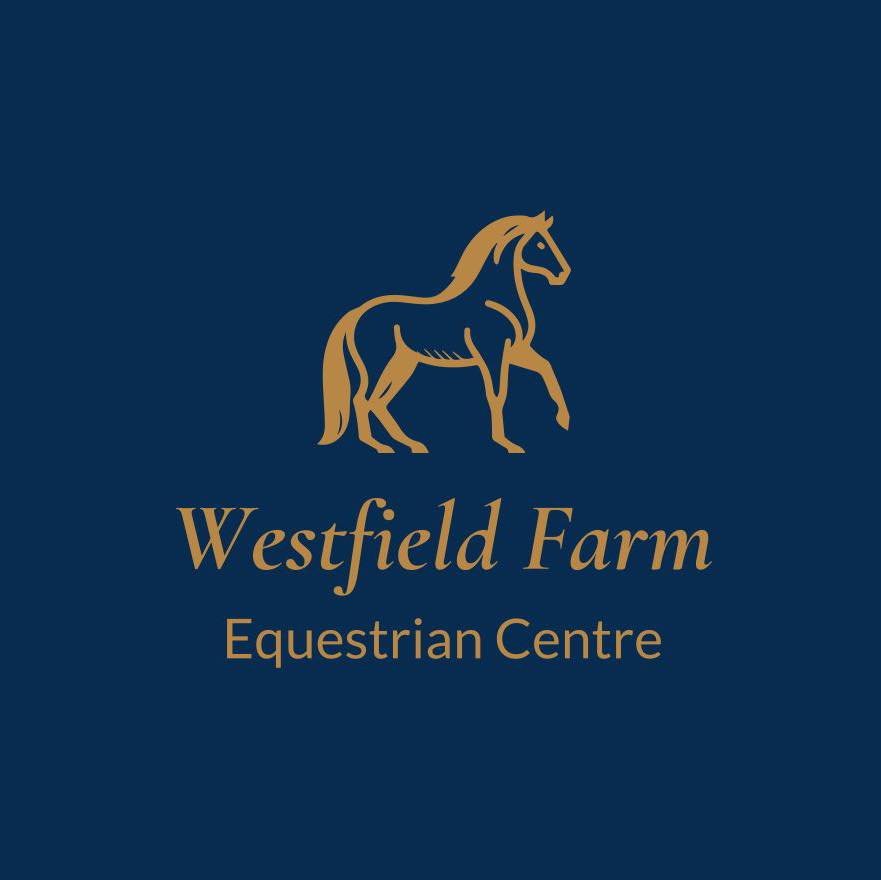 Logo for Westfield Farm Equestrian Centre featuring a gold horse silhouette on a dark blue background and gold text.