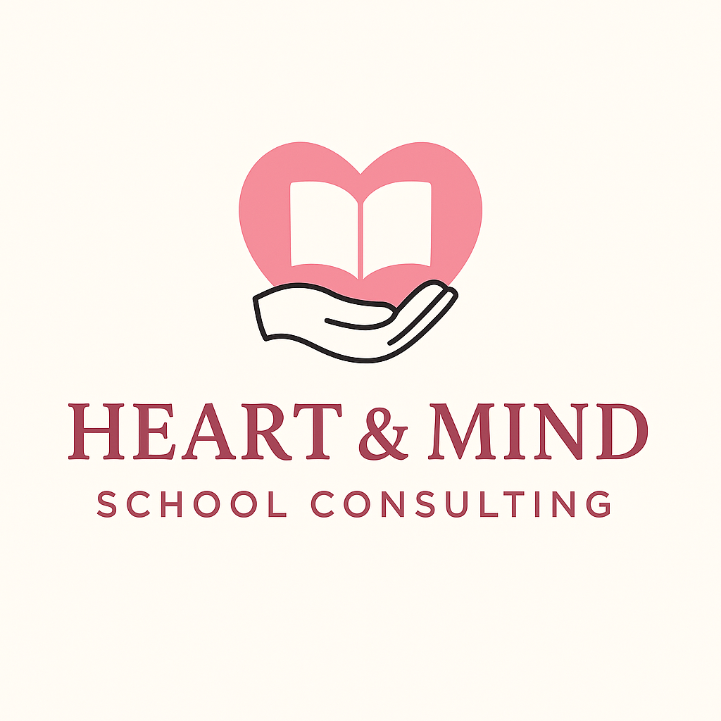 Logo for Heart & Mind School Consulting featuring a pink heart with an open book inside and a hand cradling it, with the text 'HEART & MIND SCHOOL CONSULTING' below.
