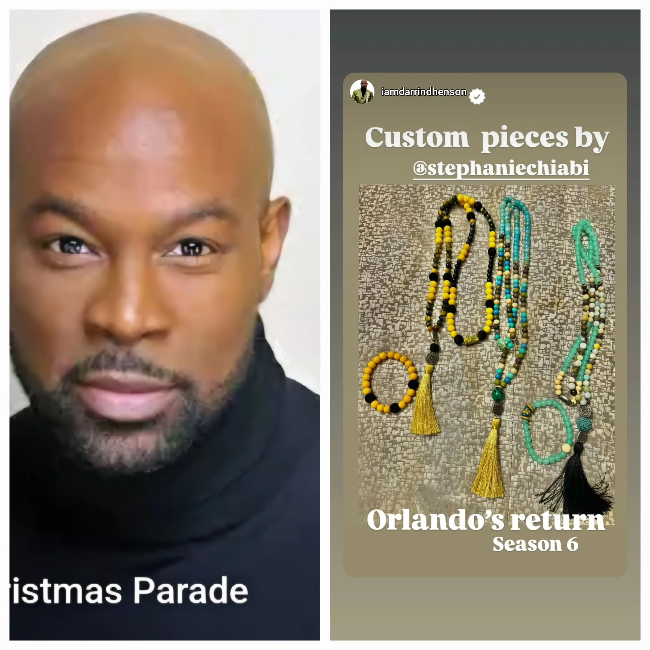A split image with a portrait of a bald man on the left and an advertisement for custom jewelry pieces on the right, showcasing colorful beaded necklaces with hanging tassels.