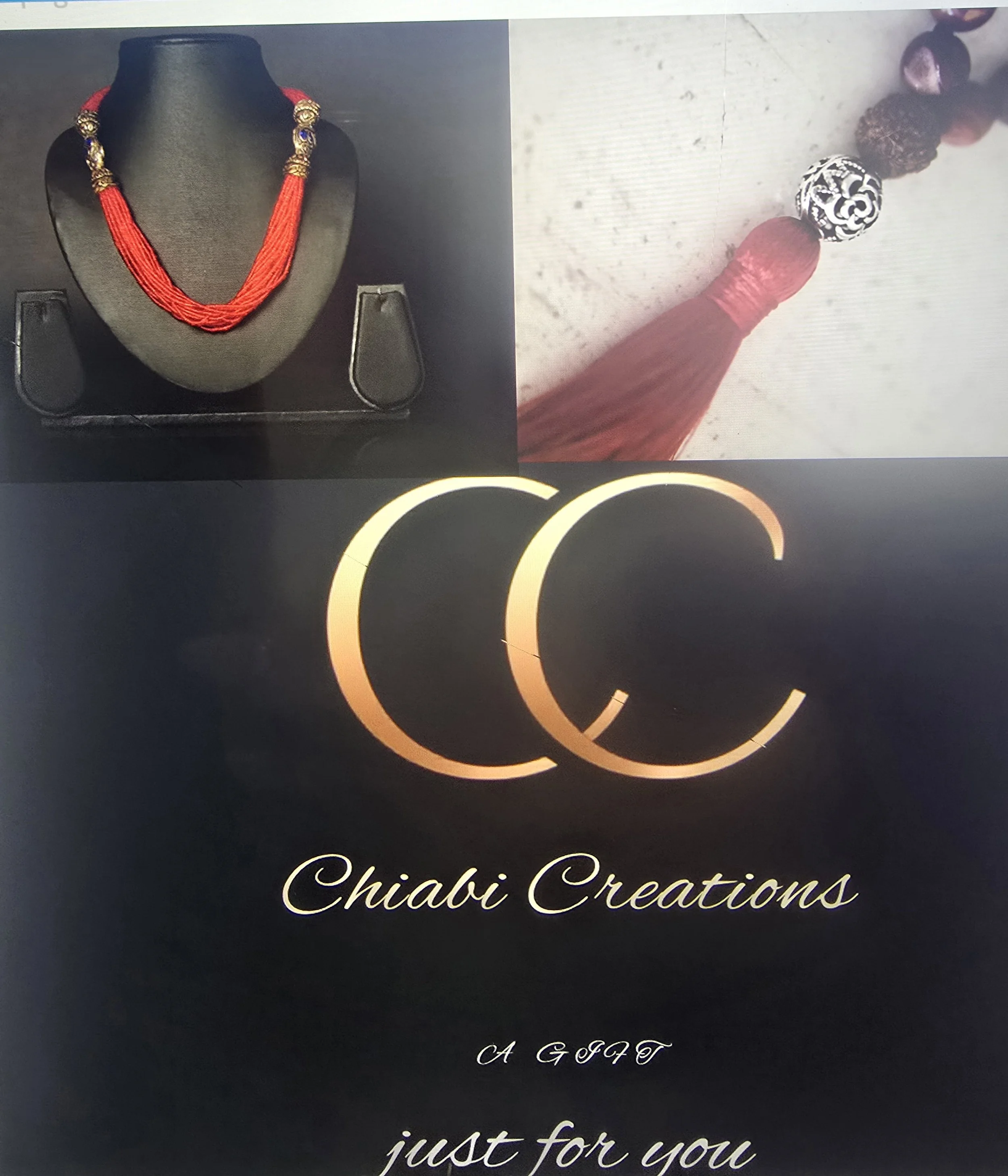 Close-up of a jewelry catalog page displaying a red beaded necklace with gold and purple accents, a close-up of a beaded necklace with black, metallic, and red beads, and a logo with the text 'CC Chiabi Creations, A GIFT just for you'.