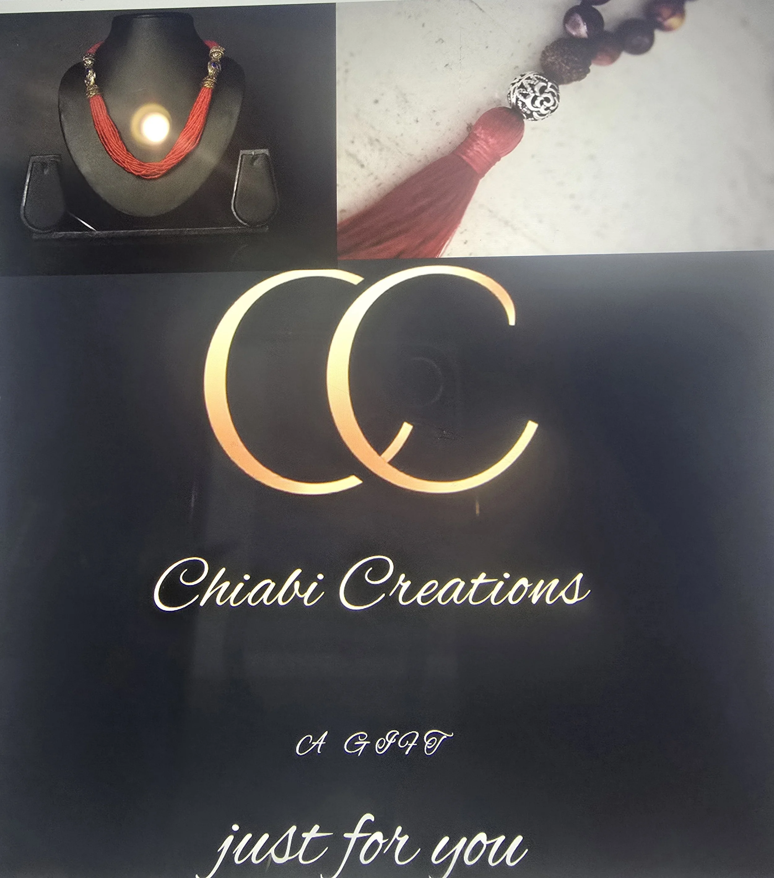 Black brochure or card with gold lettering reading "CC Chiabi Creations A GIFT just for you" and images of handmade jewelry and accessories on the top.