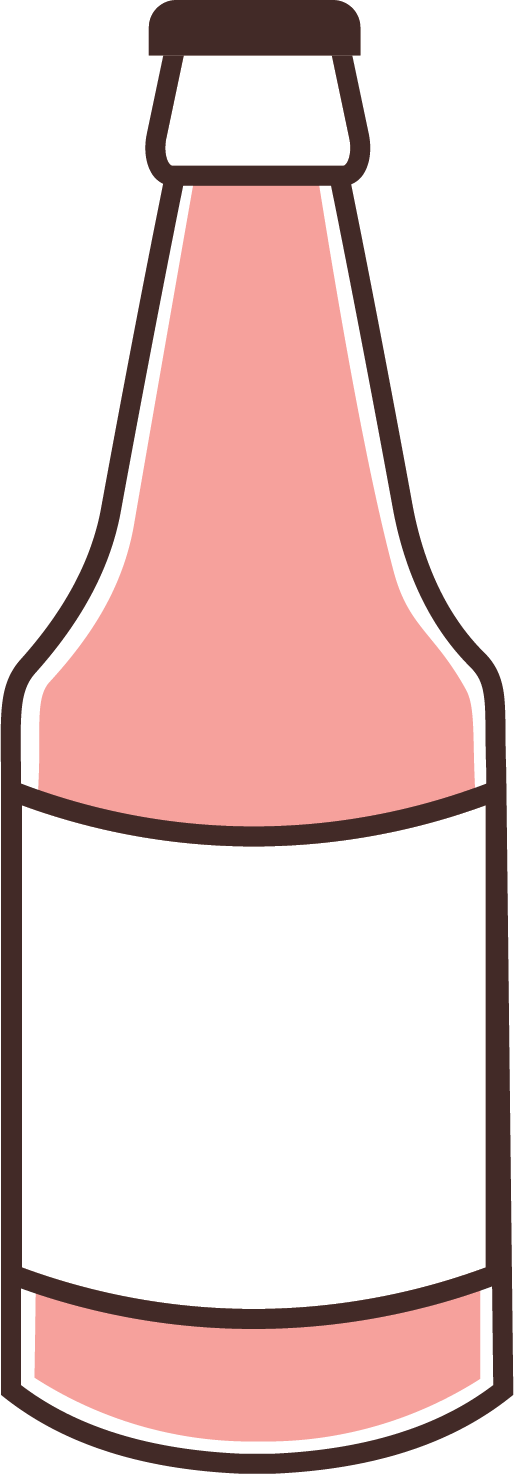 Graphic illustration of a pink beer bottle with a white label and brown cap.