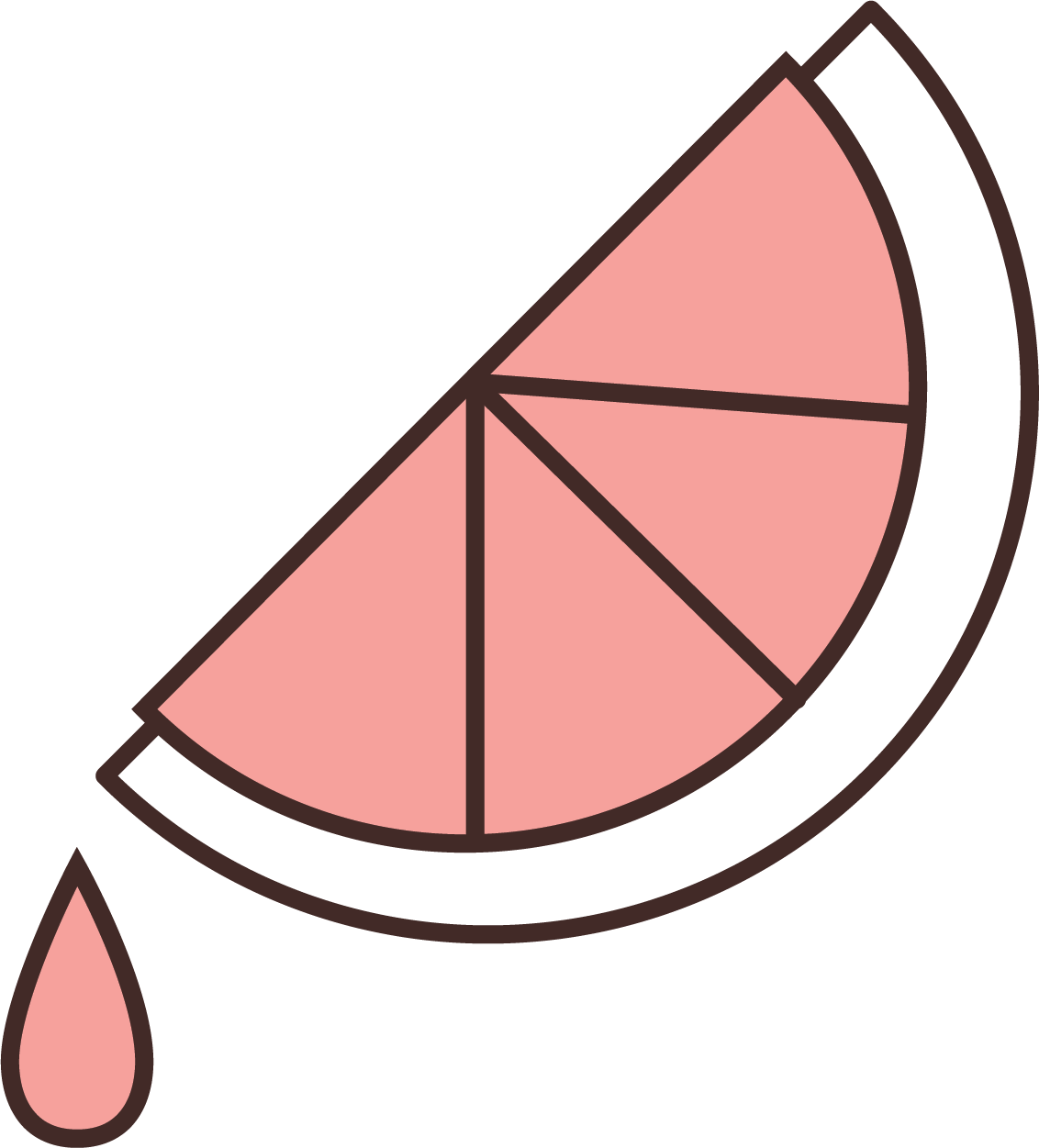A slice of pink grapefruit with a single drop of juice beside it.