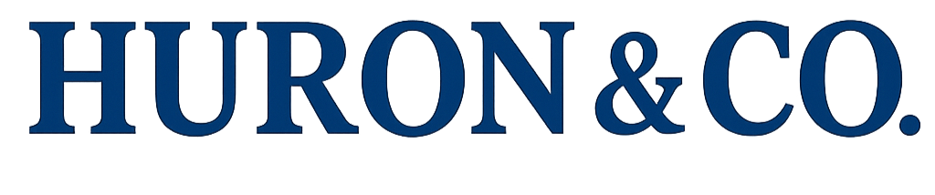 Black background with blue text reading "HURON & CO."