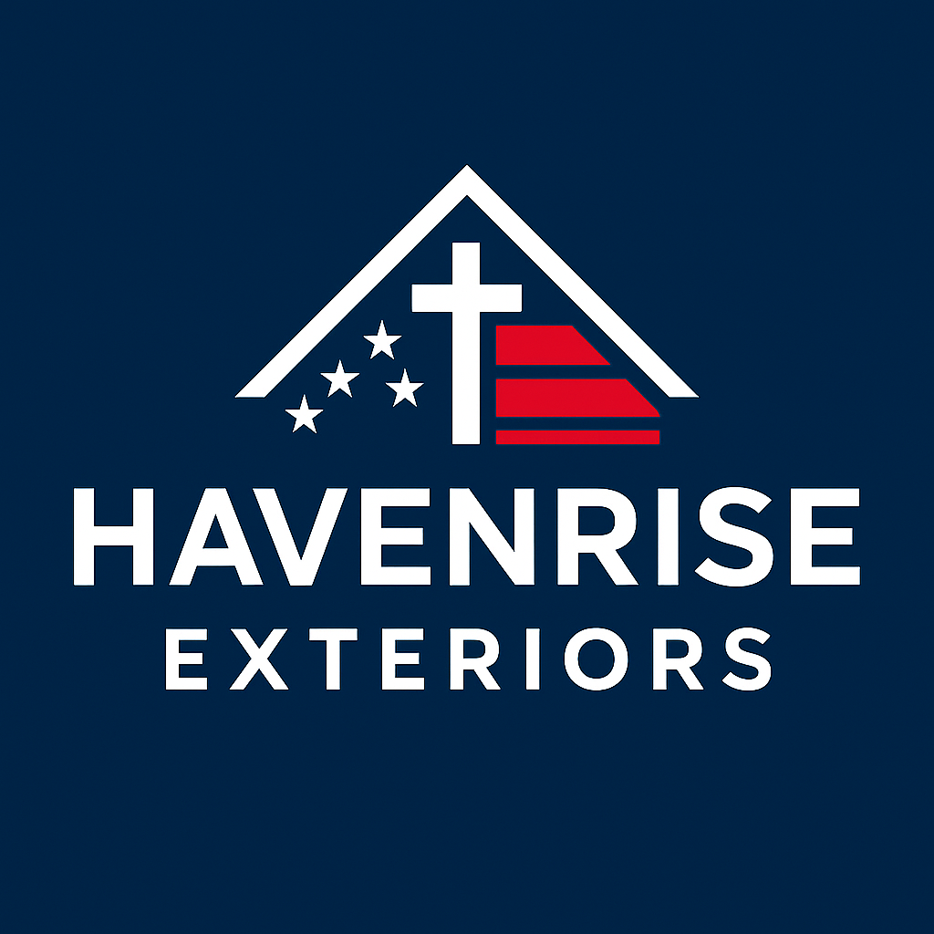 Logo of Havenrise Exteriors with a house outline, a cross, an American flag, and five stars, on a navy blue background.