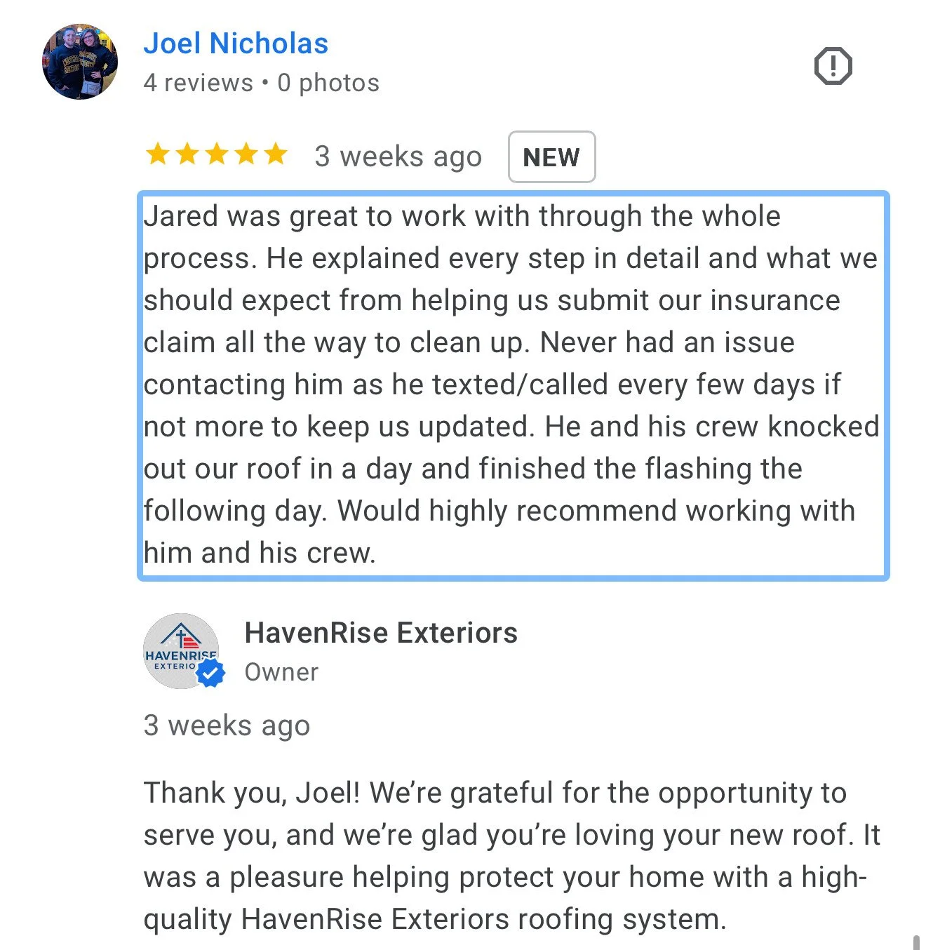 American-inspired HavenRise Exteriors logo representing craftsmanship, integrity, and local roofing services.