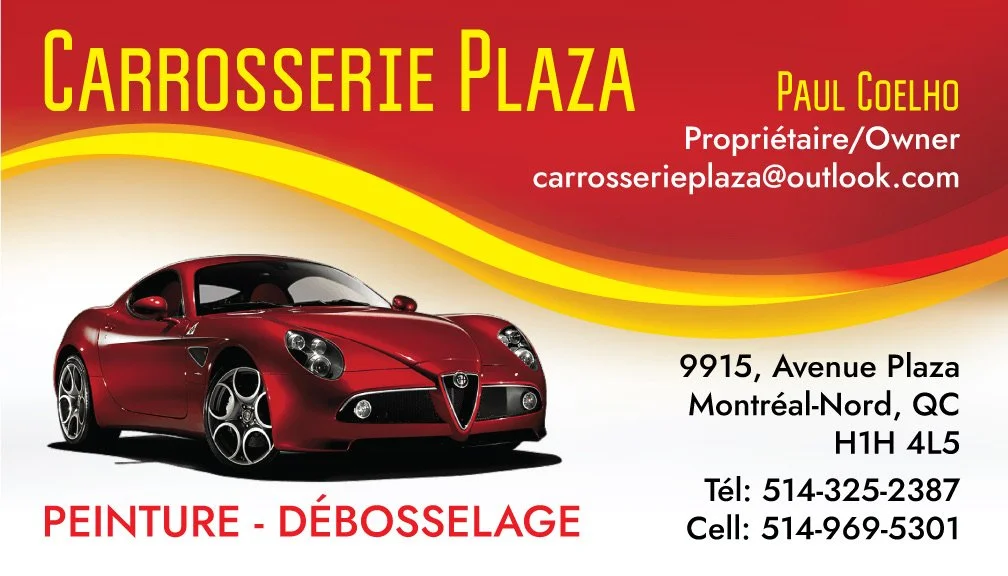 Business card for Carrosserie Plaza featuring a red sports car, with contact details and email, highlighting paint and dent removal services.