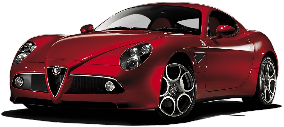 Red Alfa Romeo sports car with sleek design and sporty alloy wheels.