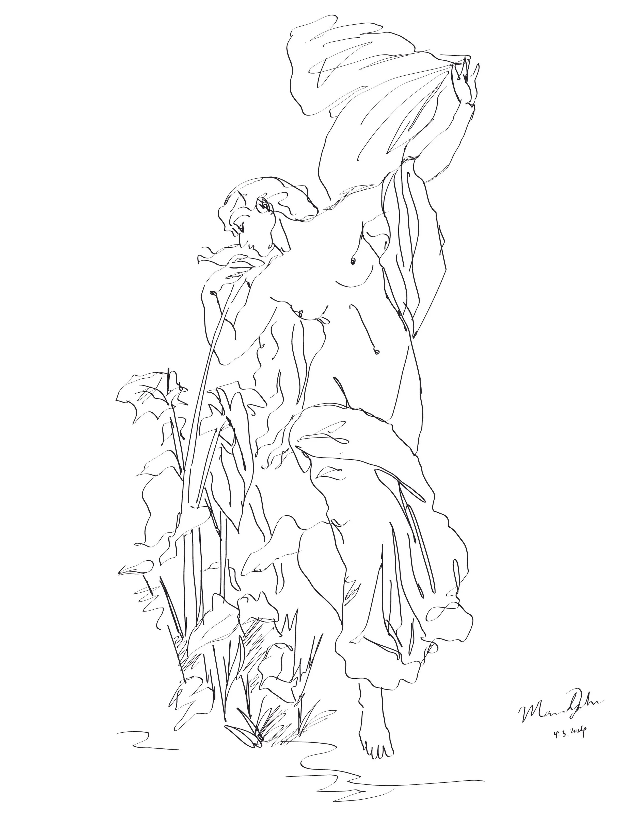 Black outline drawing of a woman figure with flowers on a white background