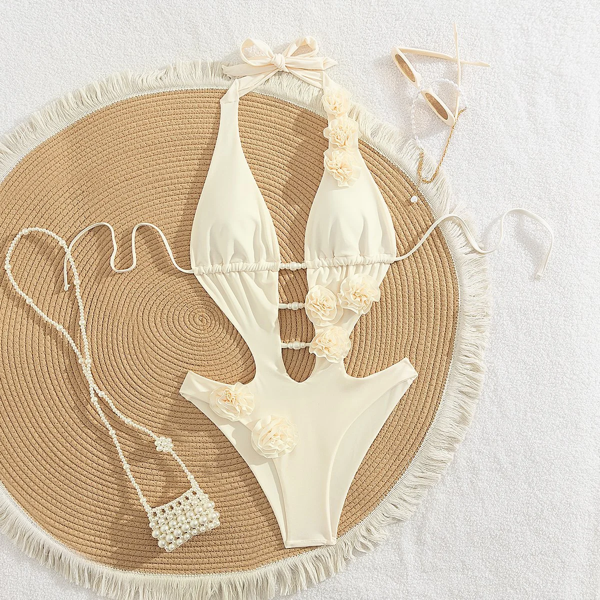 amalfi - pearl cream rose appliqués one piece