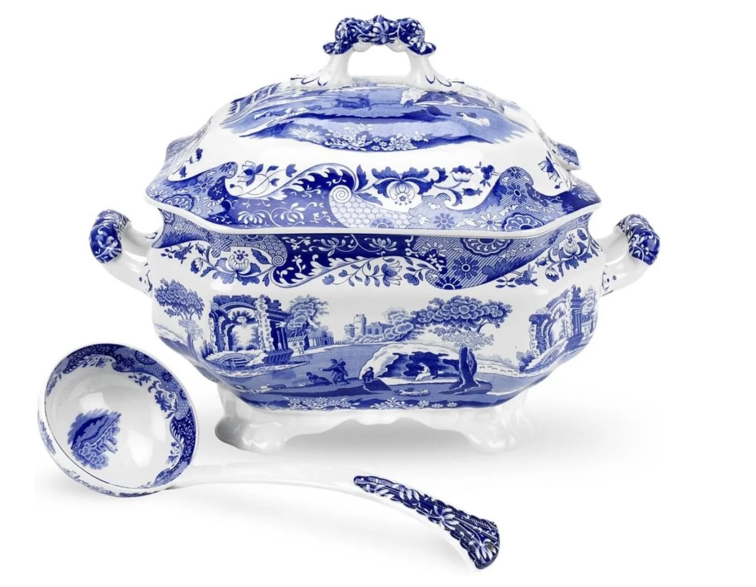 Spode Blue Italian tureen with ladle in classic blue and white porcelain. A timeless serving piece that elevates Thanksgiving and everyday dining.
