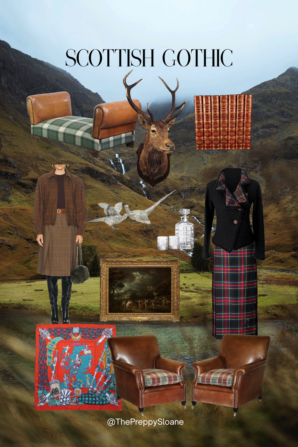 Scottish Gothic style inspiration featuring tartan skirts, vintage leather furniture, antique art, and Highland décor ideas. A moody autumn collage blending fashion, interiors, and collecting for The Preppy Sloane’s Halloween season edit.