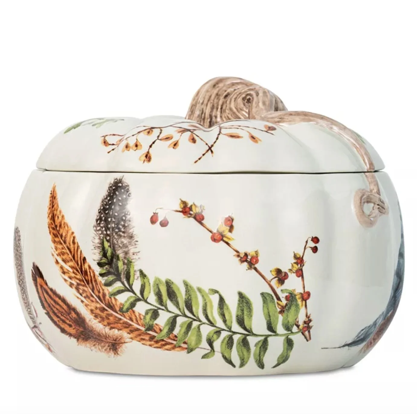 Juliska Forest Walk covered pumpkin tureen featuring botanical and feather details. A beautiful statement piece for fall entertaining and Thanksgiving tables.