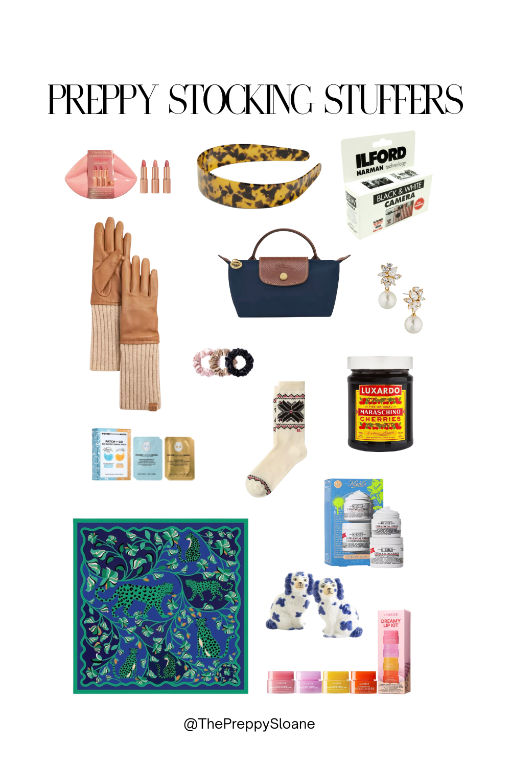 Preppy stocking stuffer collage with beauty minis, gloves, pearls, Longchamp tote, scarf, and small gifts.