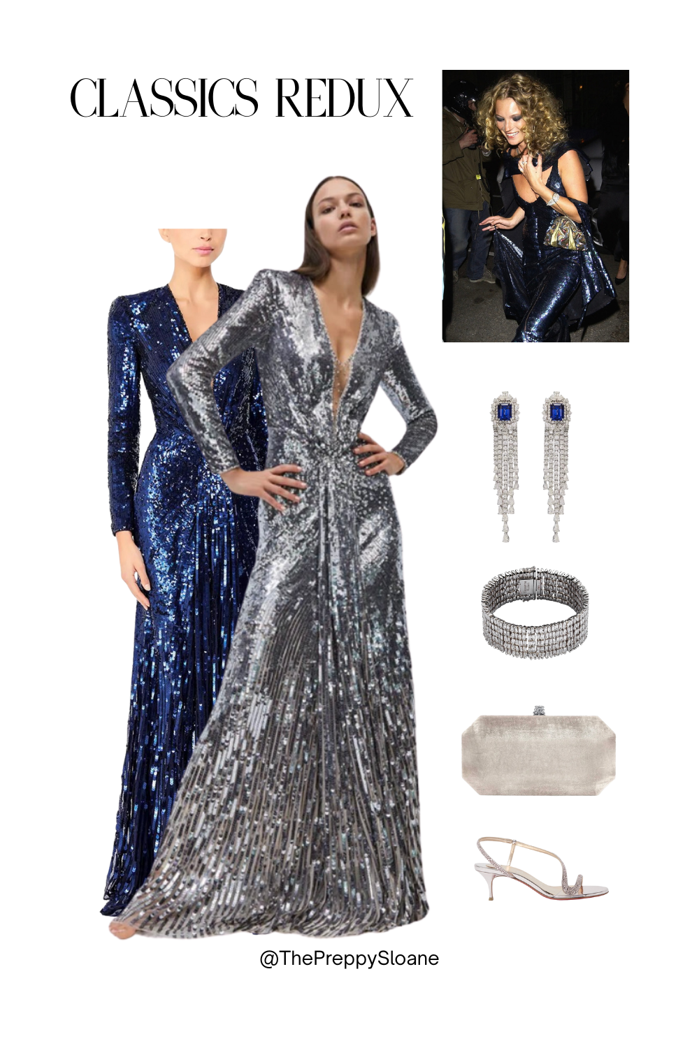 Metallic holiday dresses inspired by Kate Moss, with silver and navy sequin gowns, crystal accessories, and evening clutch and heels.