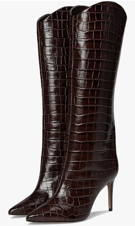 Espresso brown crocodile-embossed knee-high boots with pointed toe, front zipper, and stiletto heel for fall