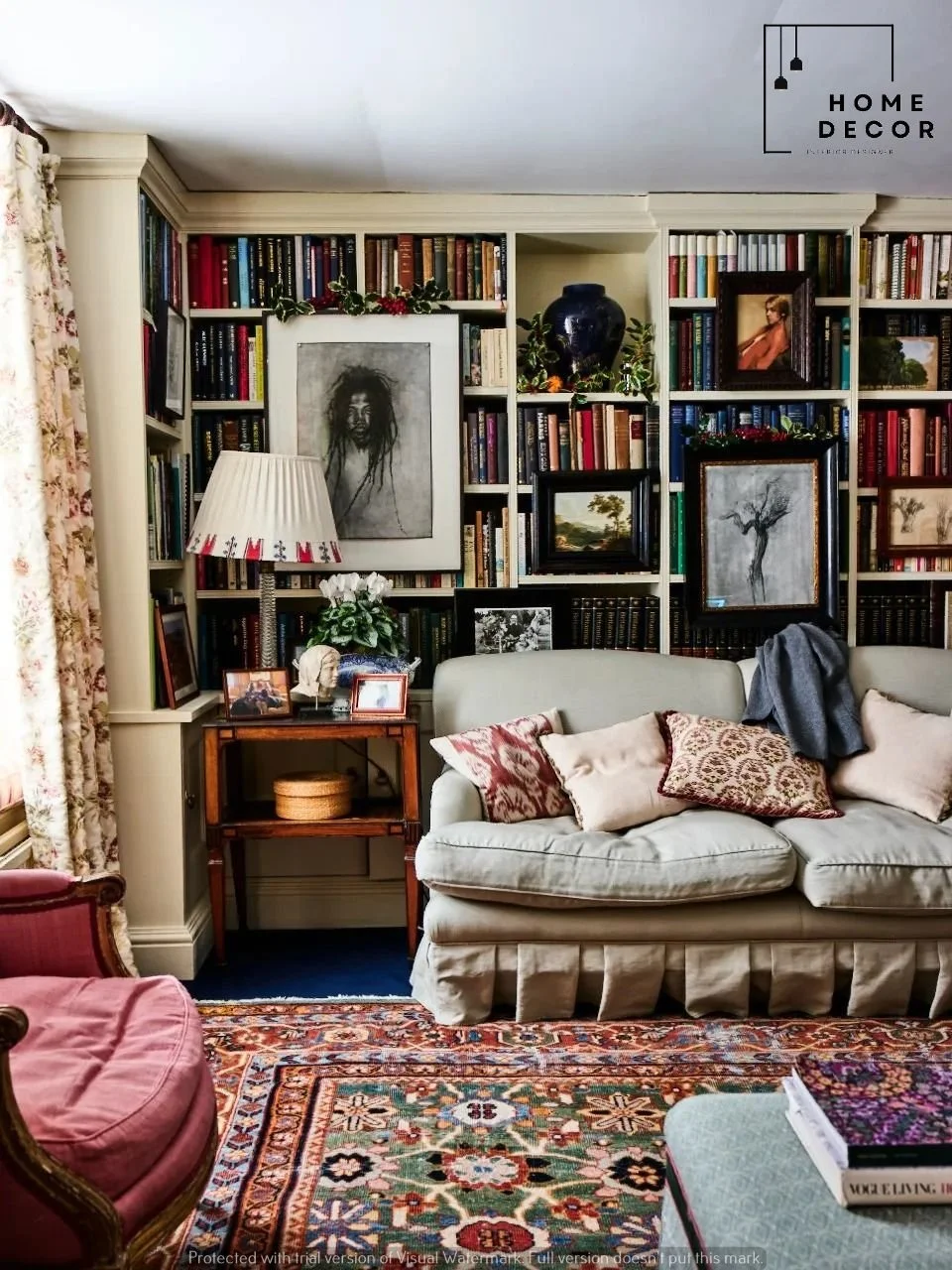 Bohemian maximalist living room with Persian rug chintz curtains ikat pillows and collected artwork styled for comfort and beauty in The Preppy Sloane Bohemian Maximalism Living Rooms