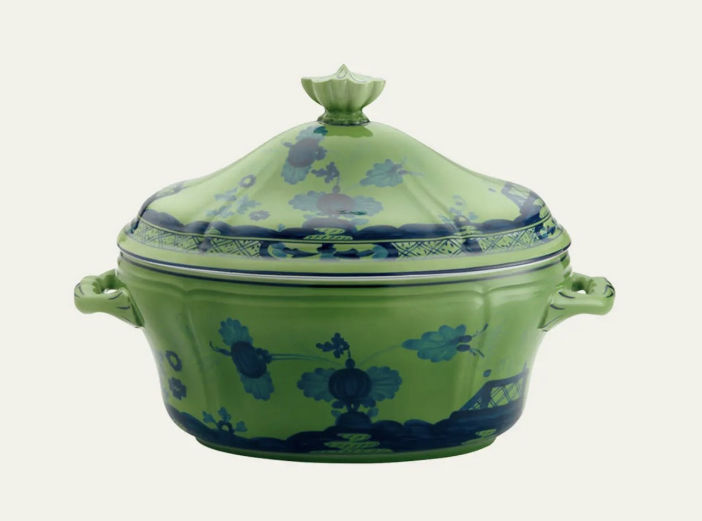 Ginori 1735 Oriente Italiano green tureen with blue floral design. A bold, maximalist statement piece for fall entertaining and colorful Thanksgiving tables.
