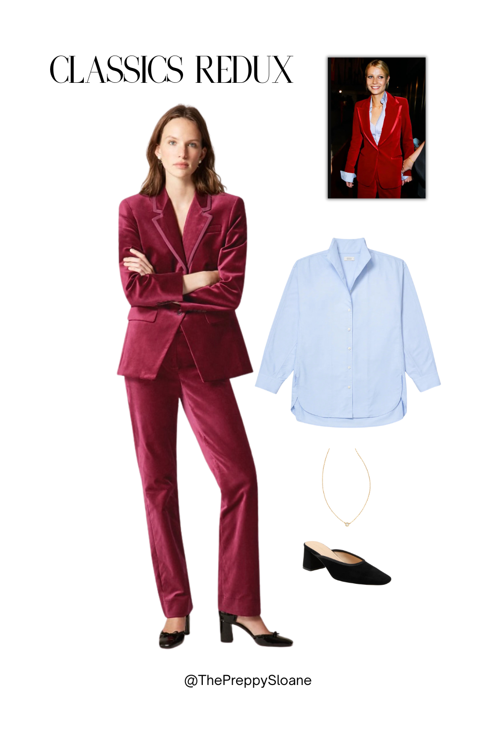 Modern burgundy velvet pantsuit with a pale-blue shirt, necklace, and black heels, inspired by an iconic red velvet tuxedo look from the 90s.