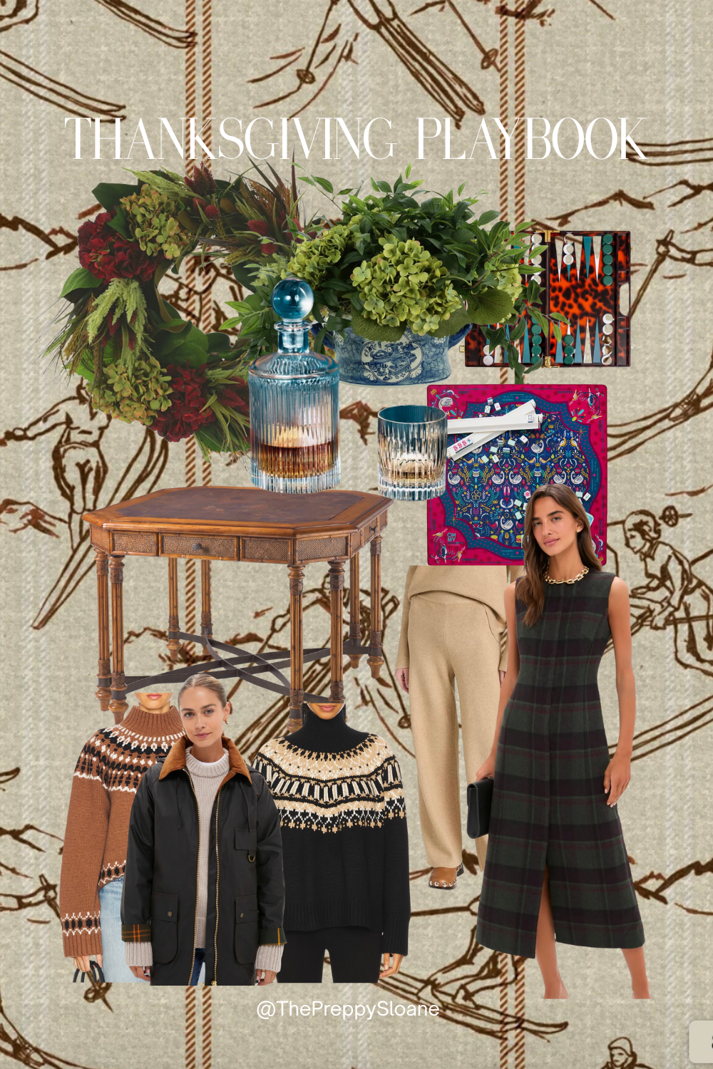 Thanksgiving style inspiration with jewel-tone florals in blue and white planters, antique game table decor, and chic cozy fall outfits from The Preppy Sloane.