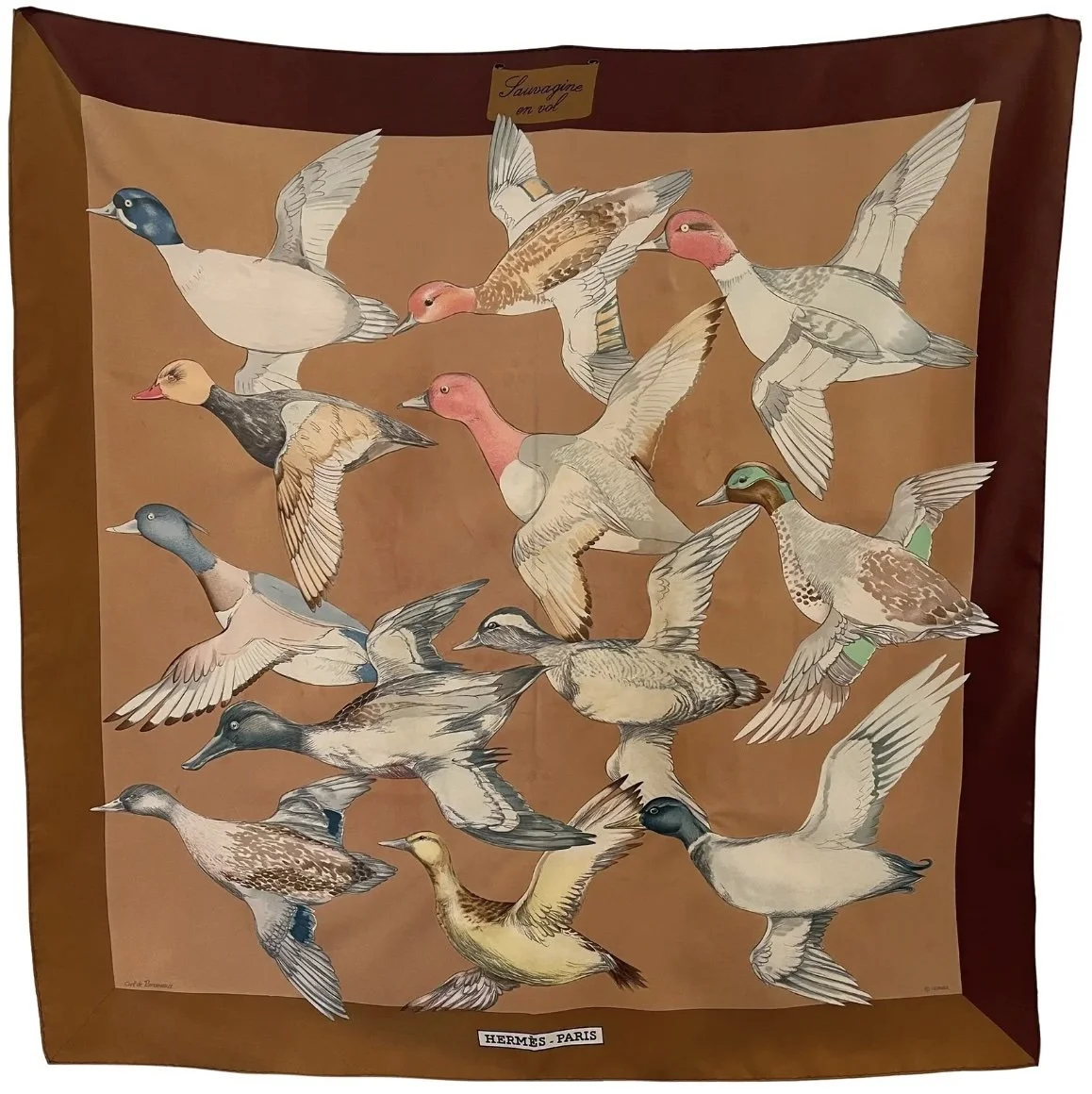 Vintage Hermès silk scarf with duck pattern in caramel and brown tones, perfect fall accessory for layering