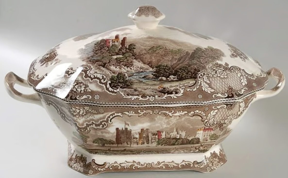 Johnson Brothers Old Britain Castles brown multicolor tureen featuring English landscapes. Classic transferware collectible with blue, red, and pink versions perfect for fall and holiday tables.