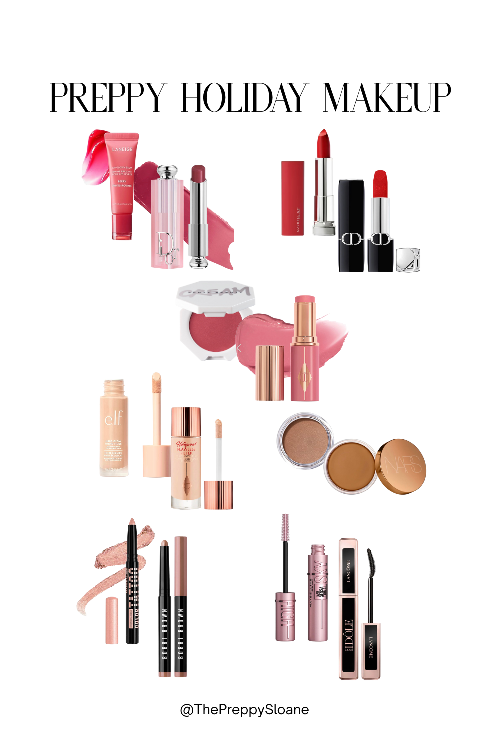 Dream splurge and save winter beauty edit featuring classic lip, bronzer, mascara, eyeshadow, blush, and glow products in a clean collage layout.