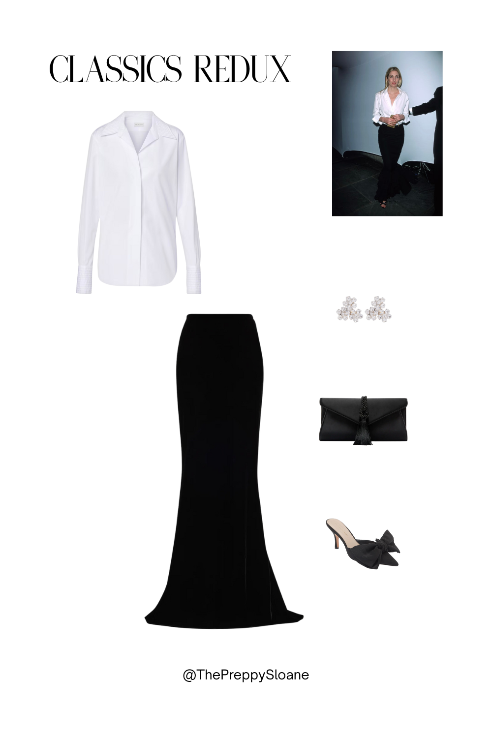 Collage showing a Carolyn Bessette Kennedy–inspired holiday outfit with a white shirt, long black skirt, and black bow heels.