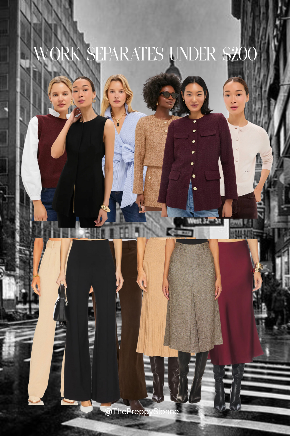 Collage of chic fall work separates under $200, featuring tailored trousers, midi skirts, knit tops, boucle jackets, and polished office basics styled in warm neutrals and burgundy tones. Fashion roundup for affordable office outfits.
