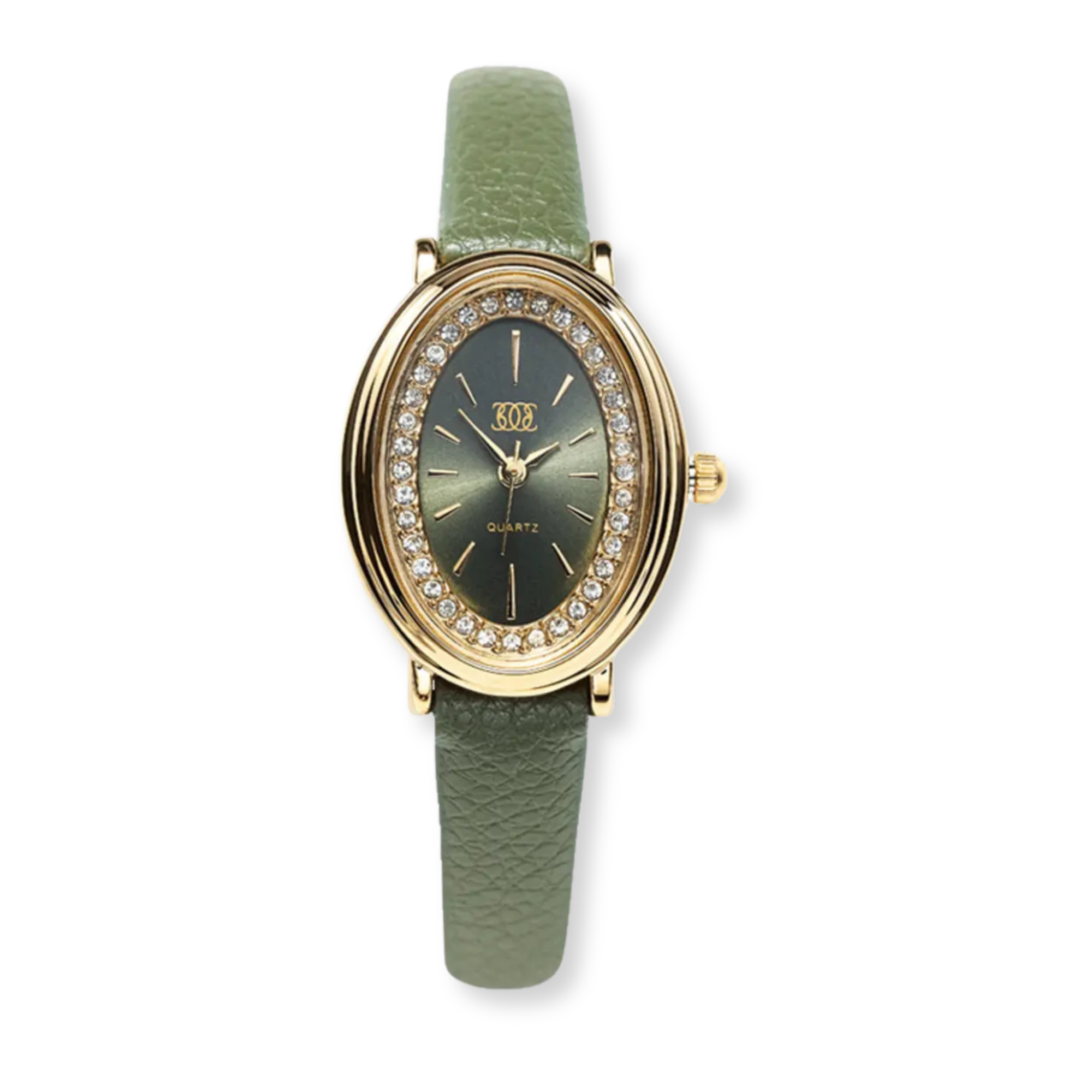 Reloj de pulsera con correa verde y caja dorada con detalles decorativos.