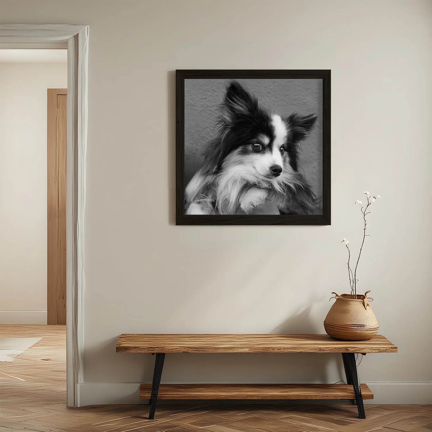 Australian shephard mix black and white photo on wall over bench