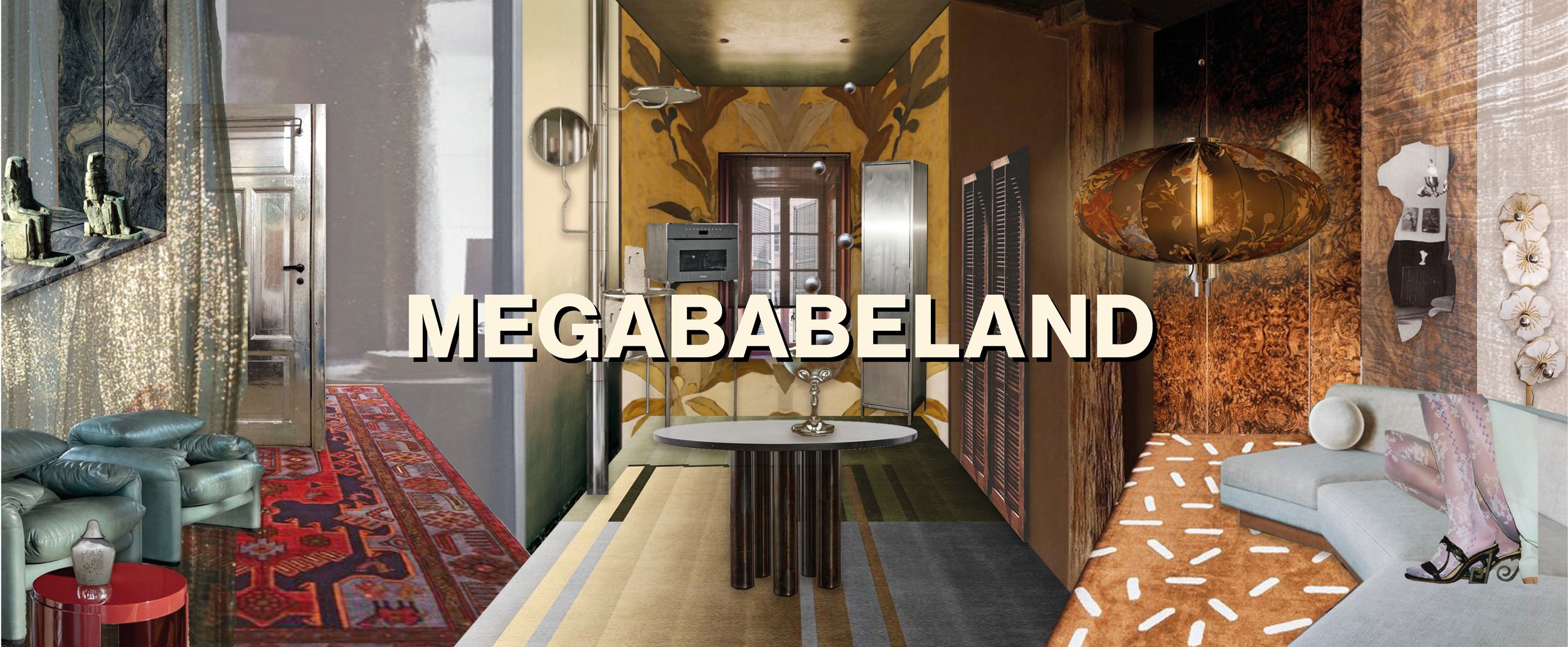 Interior view of Megababeland with various vintage and eclectic furniture and decor, including a patterned arch rug, a leather couch, a modern side table, a round coffee table with a decorative item, an ornate lampshade, artwork, and patterned wallpaper.