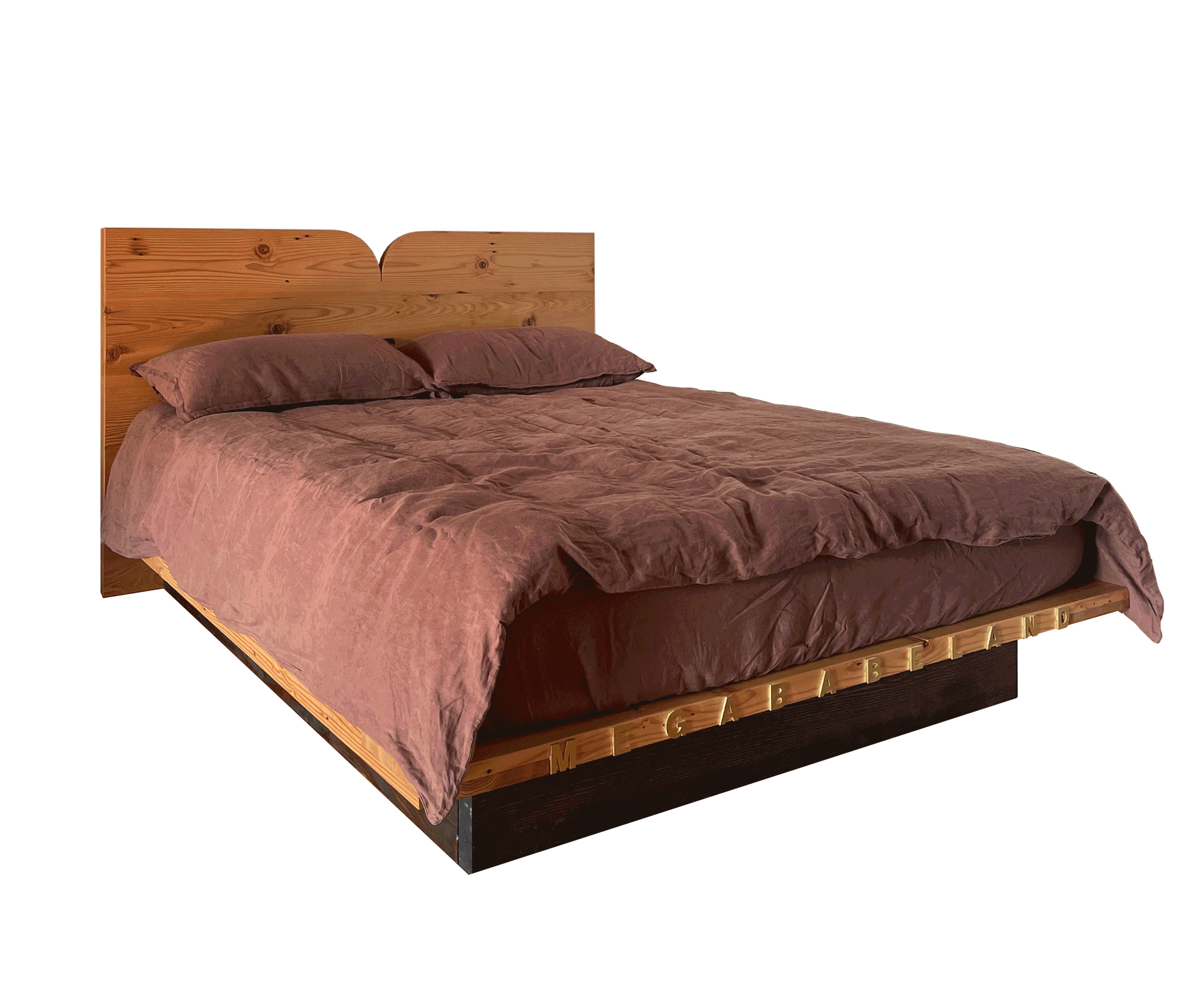A solid timber bed, a sofa, a dining table, a decorative mirror, bedside tables, a steel four-poster bed, an aluminium desk, a steel hanging rack and shelves, a blue cabinet, a dining table.