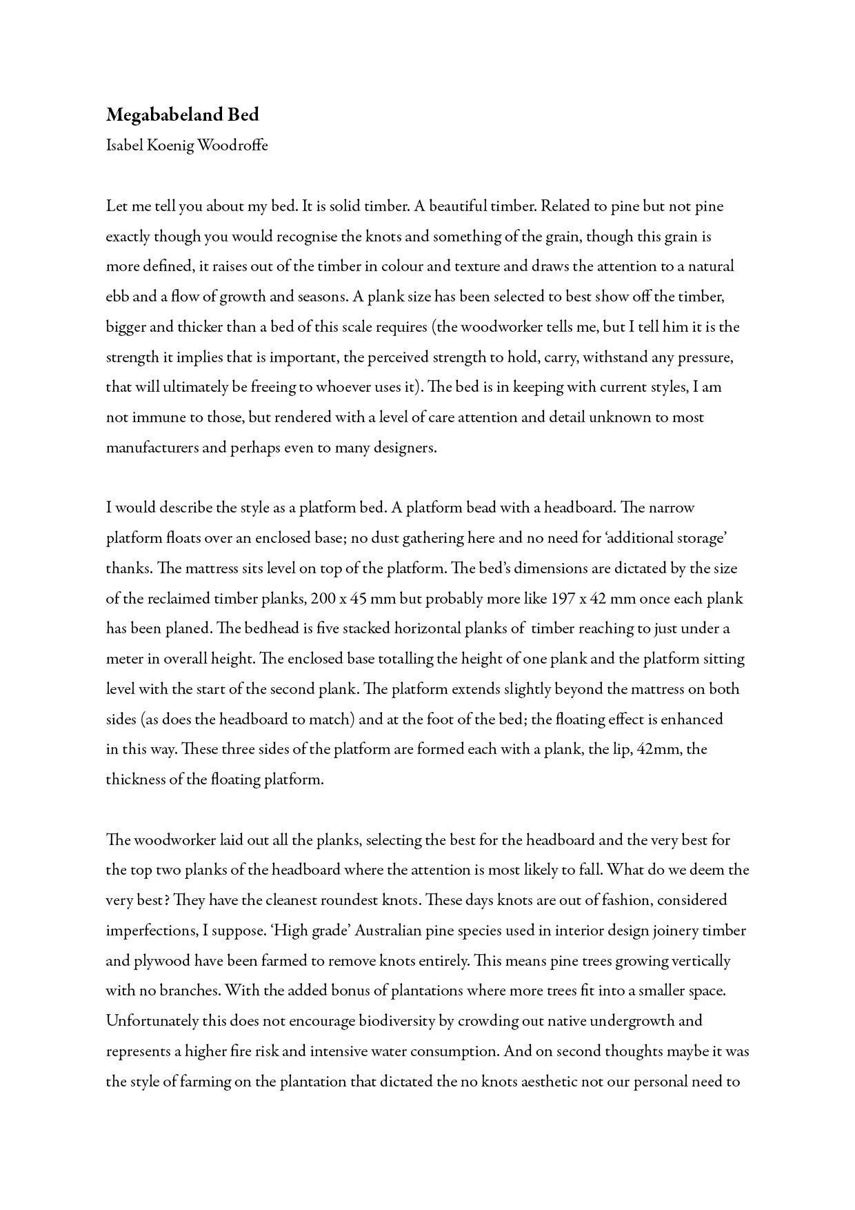 An essay about the megababeland bed made from solid Douglas Fir/Oregon timber, discussing its design and construction details, including measurements, layers, and materials.