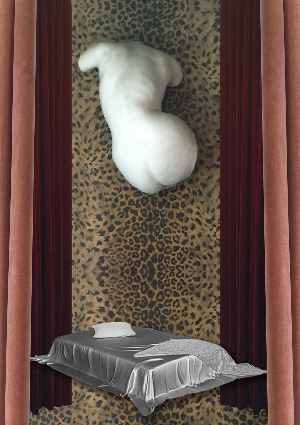 A bedroom decorated with animal print wallpaper, featuring a leopard pattern. There is a suspended white sculpture of a stylized animal head above the bed. The bed has a draped satin or silk cover with a single pillow, both in silver or gray tones. The scene is framed by pink and red curtains.