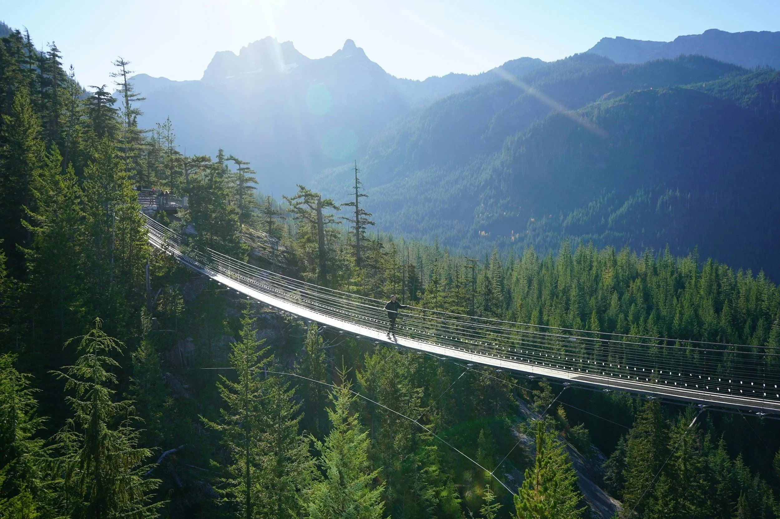 A person walking on a long suspension bridge over a dense green forest with mountains in the background under a sunny sky.