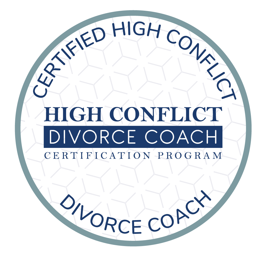 A circular badge with a light gray border and a honeycomb pattern background. Text reads: "Certified High Conflict Divorce Coach Certification Program" with emphasis on "High Conflict Divorce Coach."