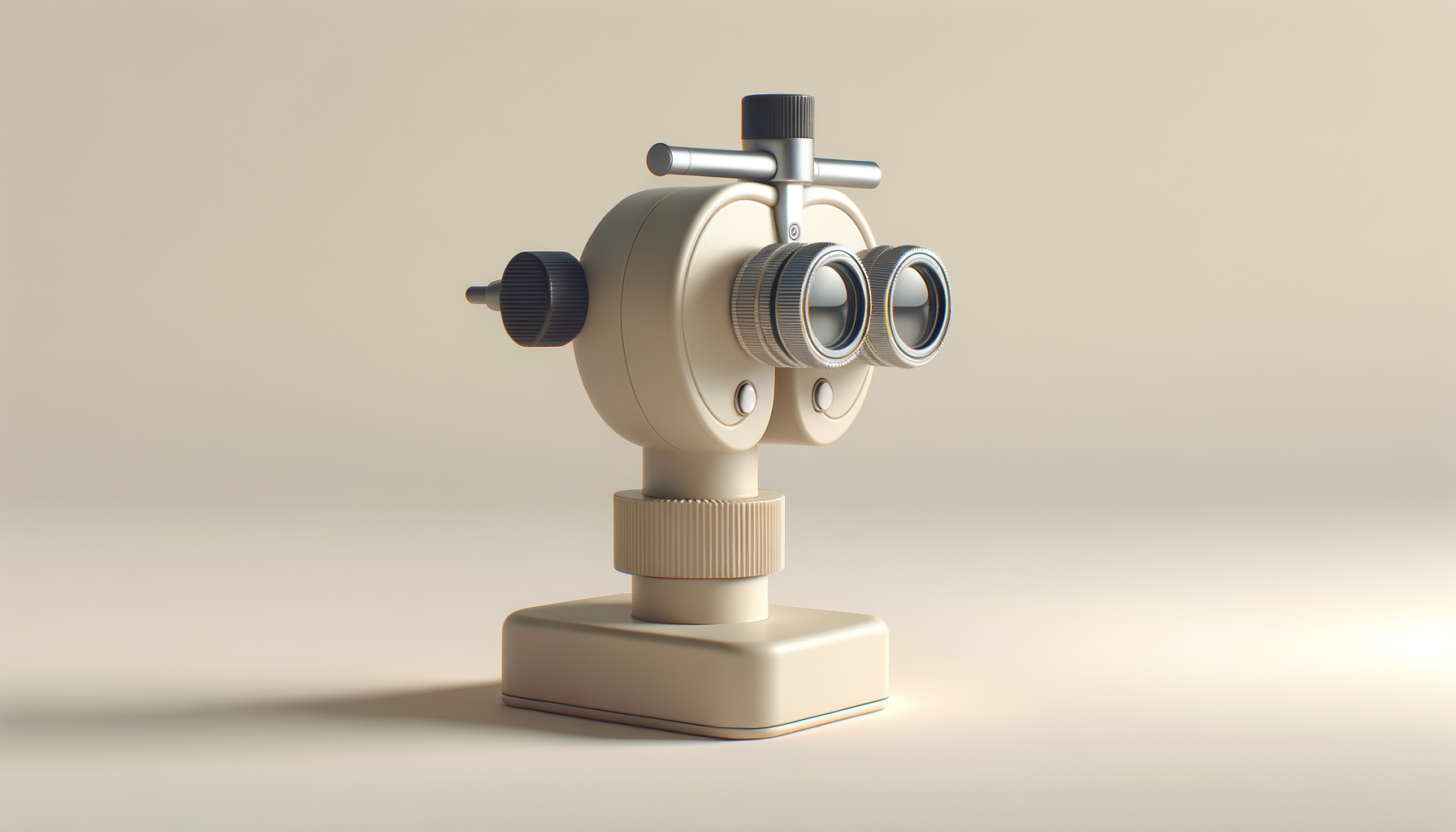 A modern microscope with dual eyepieces on a beige surface against a neutral background.