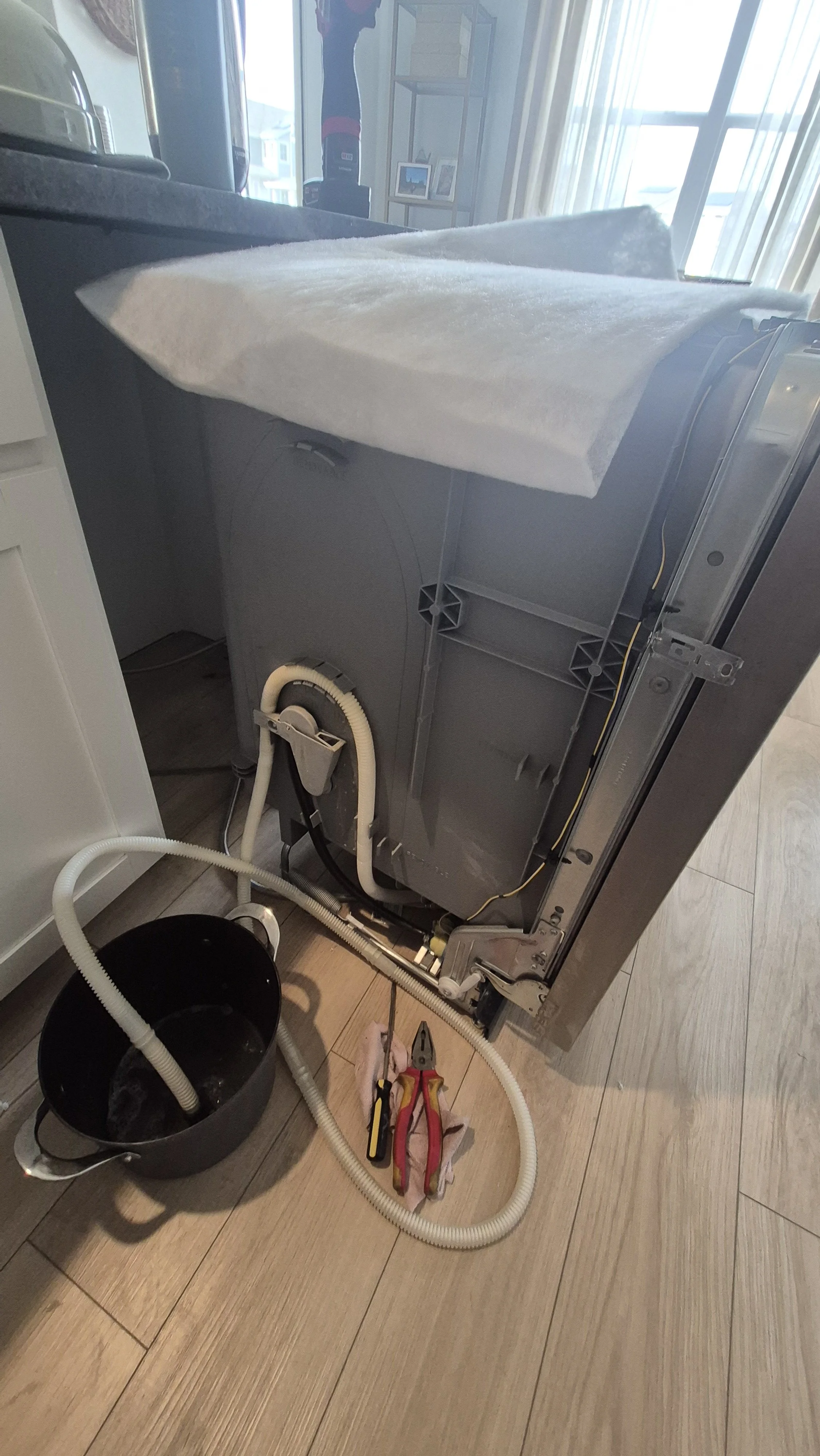 The back of a dishwasher with its panel removed, showing the internal components. Tools and a bucket are placed on the floor in front of it. Clear curtains and a window are visible in the background; Wheat Ridge, Colorado